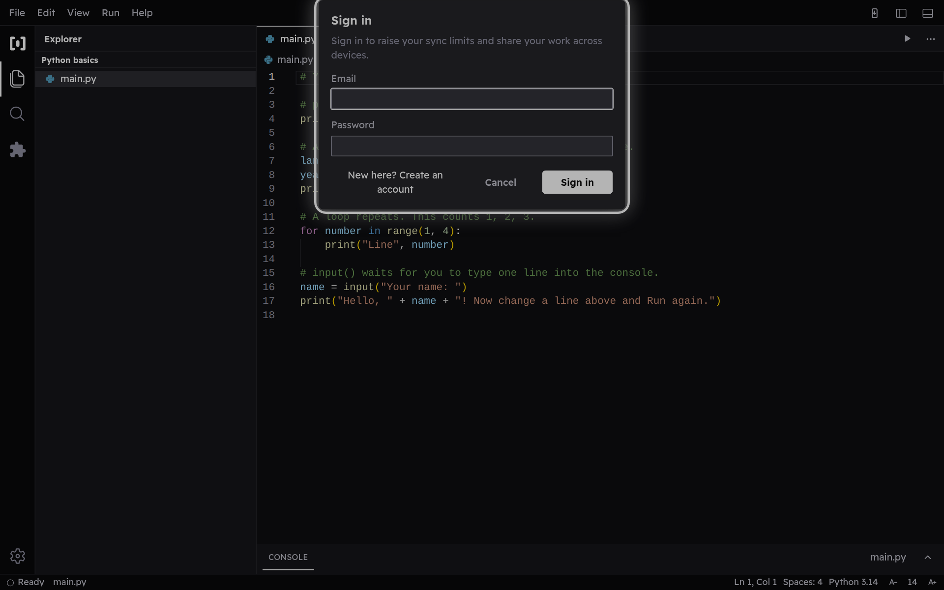 The sign-in dialog with email and password fields.