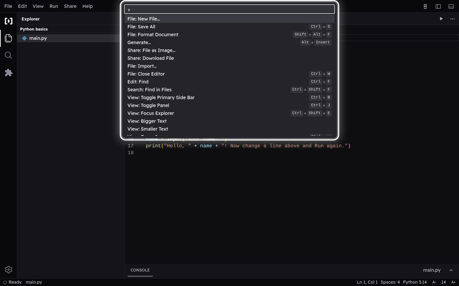 The command palette open with a > prefix, listing matching actions beside their keyboard shortcuts.