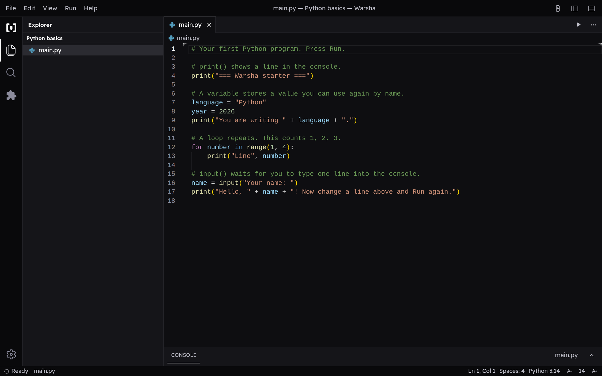 The code editor with syntax highlighting, line numbers and indent guides.