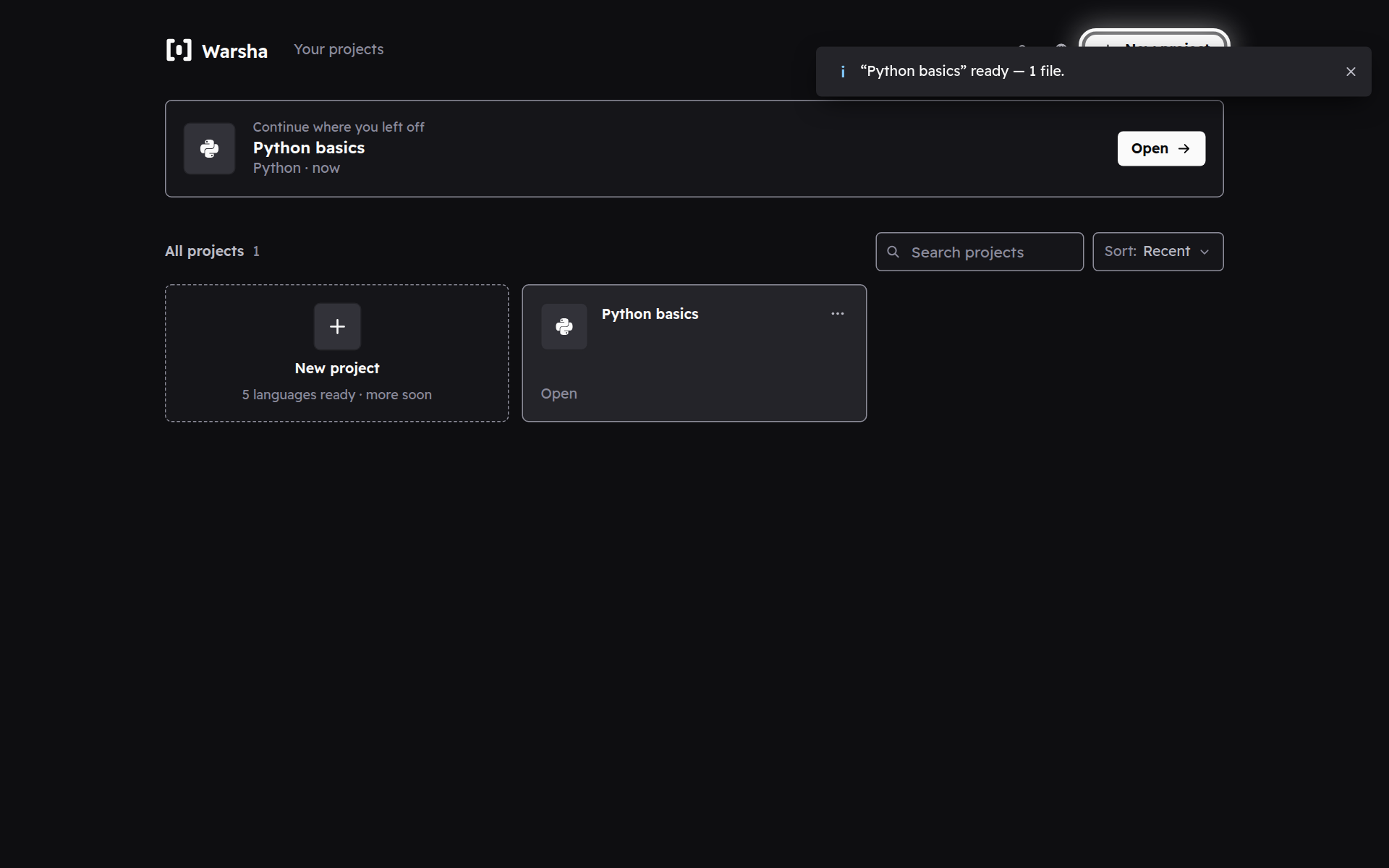 The Warsha projects home, with the New project button highlighted.