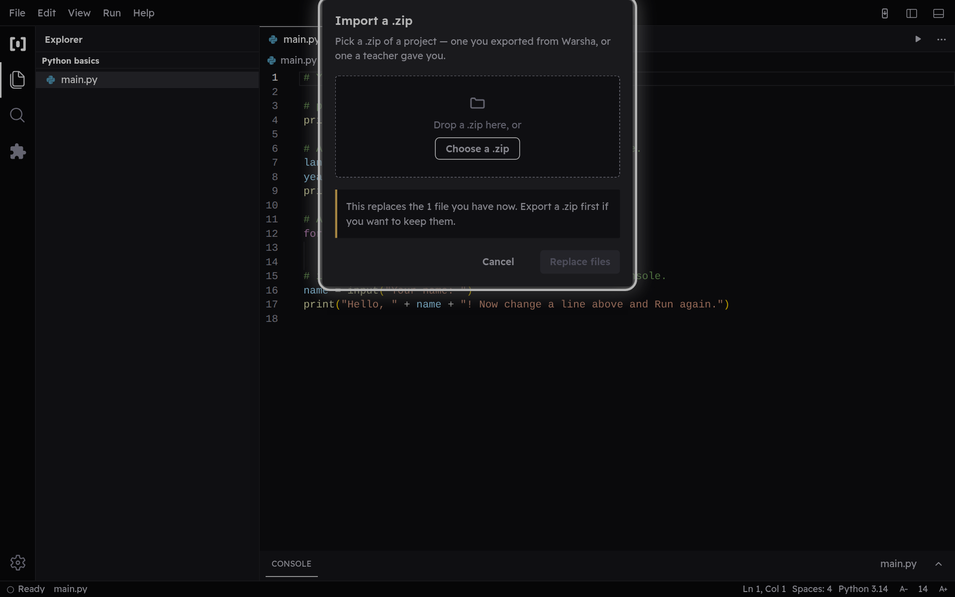 The Import dialog, where you pick or drop files, a folder, or a .zip to open them.