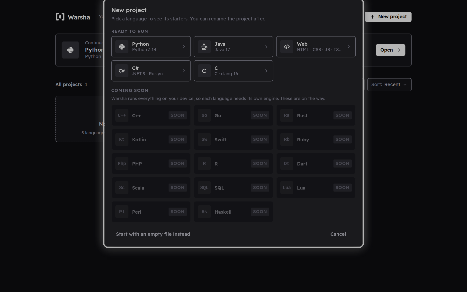 The New-project picker showing a tile per language, the ready ones bright and the rest dimmed.