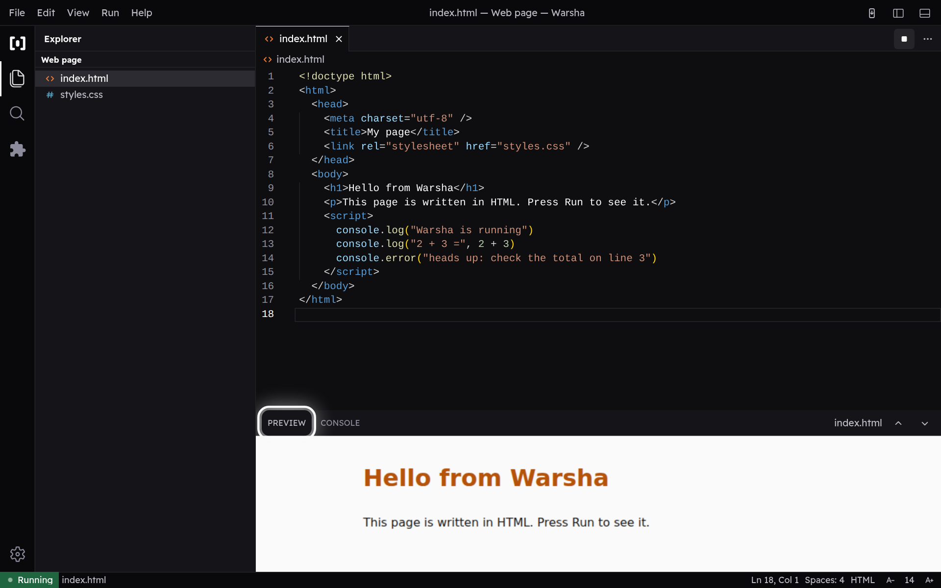 The Preview and Console tabs above the output pane, with the toggle highlighted.
