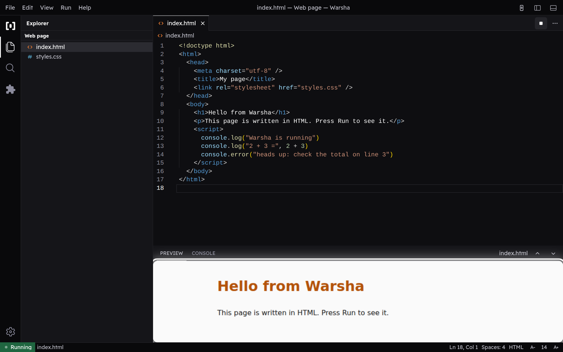 The preview showing a rendered web page beside the console.