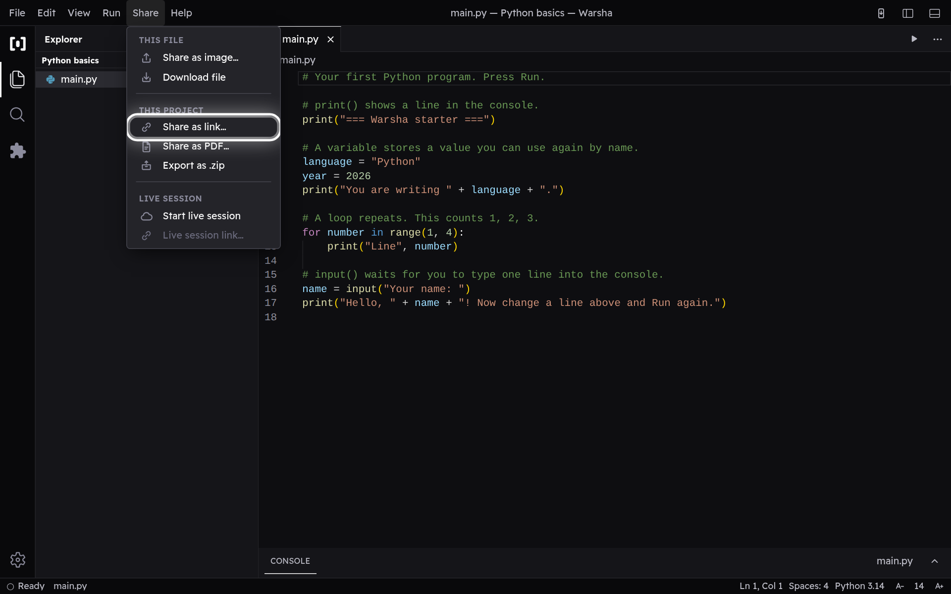 The Share menu with Share as link highlighted under the This project heading.